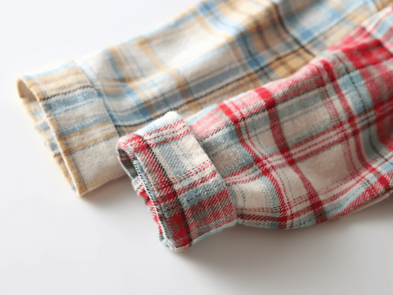 Close-up of Plaid Long-Sleeved Button-Down Shirt for Kids - SF3523 showcasing checked pattern and soft flannel fabric sleeves.